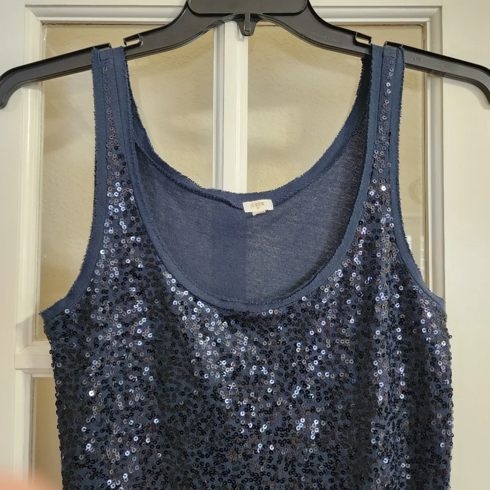 J.Crew Navy Sequin Tank Top Small Crew Neck Raw Edge Sleeveless